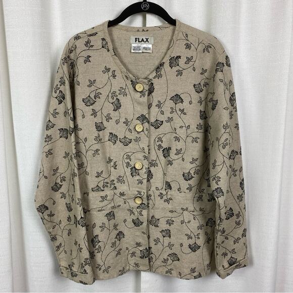 FLAX Beige&Black Floral Linen&Cotton Blazer Jacket Sz.M - Picture 1 of 8